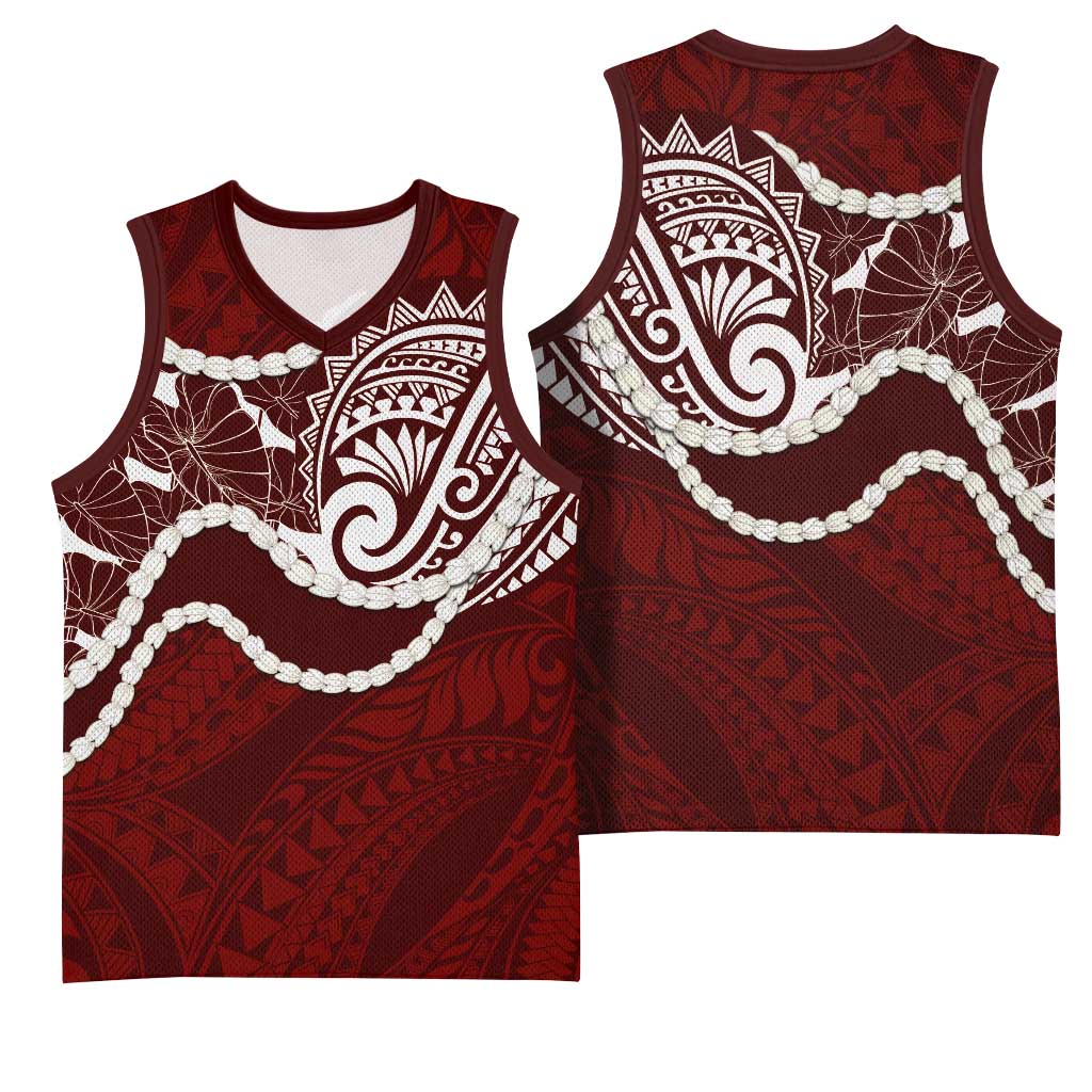 Aloha Hawaii Kalo Pikake Lei Basketball Jersey Chest Tattoo Oxblood Hawaiian Pattern LT14 - Polynesian Pride