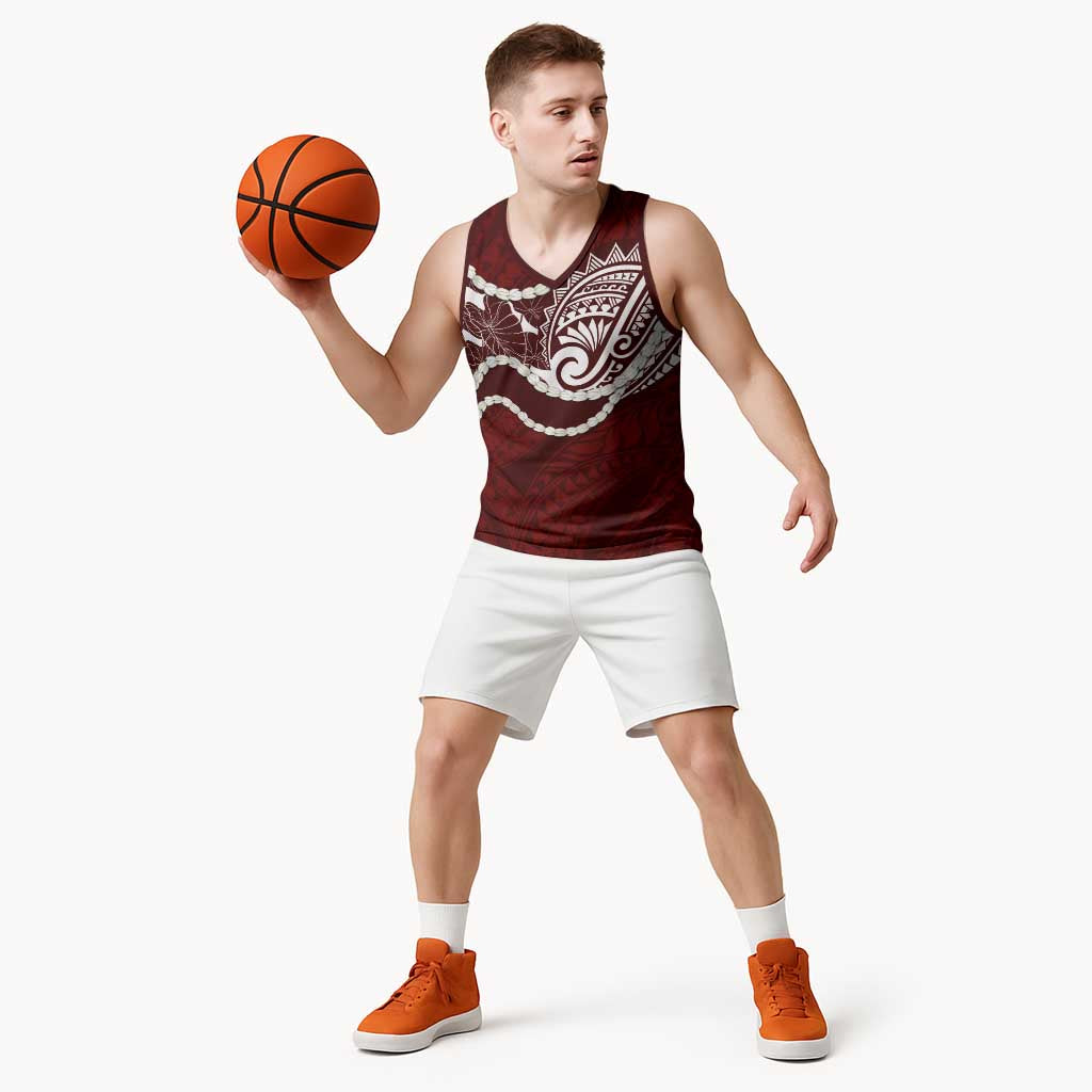 Aloha Hawaii Kalo Pikake Lei Basketball Jersey Chest Tattoo Oxblood Hawaiian Pattern LT14 - Polynesian Pride