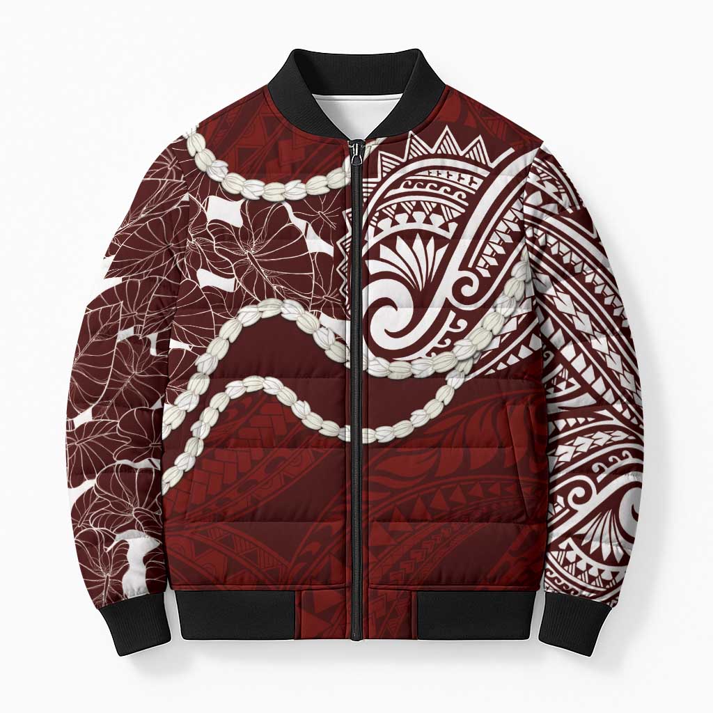 Aloha Hawaii Kalo Pikake Lei Bomber Puffer Jacket Chest Tattoo Oxblood Hawaiian Pattern