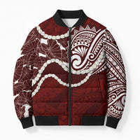 Aloha Hawaii Kalo Pikake Lei Bomber Puffer Jacket Chest Tattoo Oxblood Hawaiian Pattern