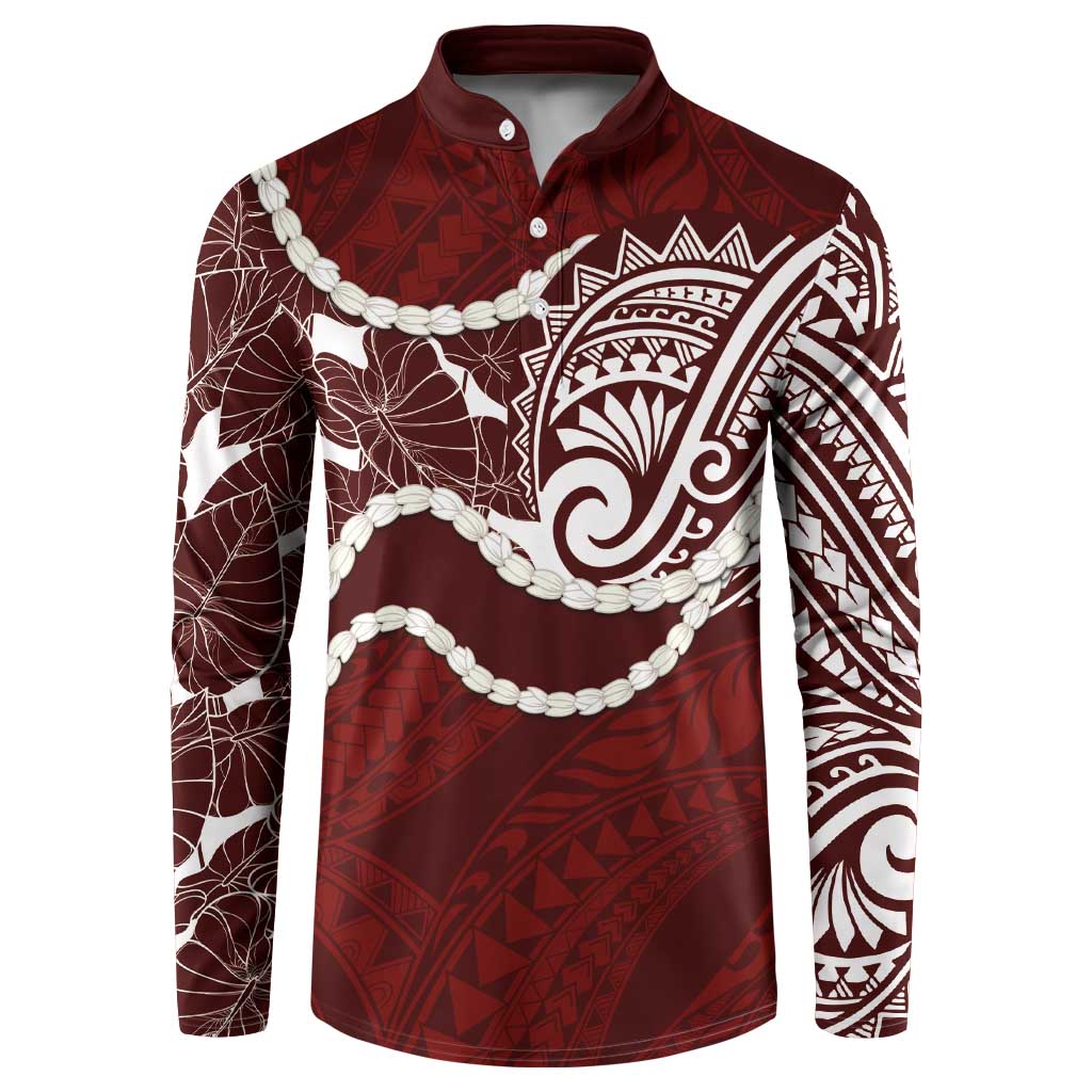 Aloha Hawaii Kalo Pikake Lei Button Sweatshirt Chest Tattoo Oxblood Hawaiian Pattern