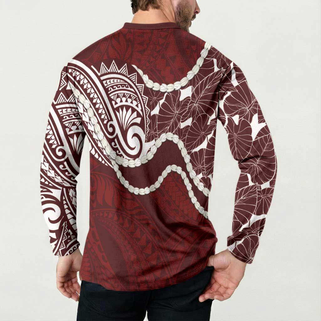 Aloha Hawaii Kalo Pikake Lei Button Sweatshirt Chest Tattoo Oxblood Hawaiian Pattern