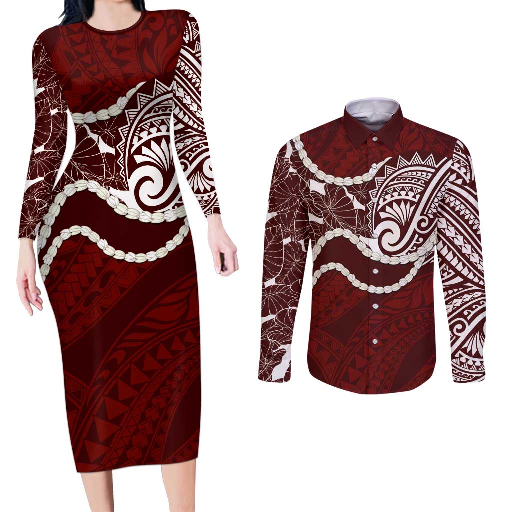 Aloha Hawaii Kalo Pikake Lei Couples Matching Long Sleeve Bodycon Dress and Long Sleeve Button Shirt Chest Tattoo Oxblood Hawaiian Pattern LT14 Oxblood - Polynesian Pride