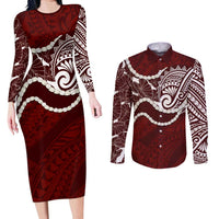 Aloha Hawaii Kalo Pikake Lei Couples Matching Long Sleeve Bodycon Dress and Long Sleeve Button Shirt Chest Tattoo Oxblood Hawaiian Pattern LT14 Oxblood - Polynesian Pride