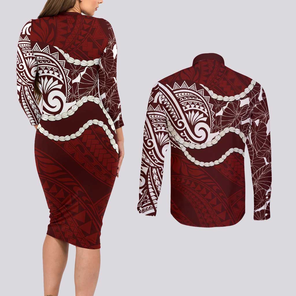 Aloha Hawaii Kalo Pikake Lei Couples Matching Long Sleeve Bodycon Dress and Long Sleeve Button Shirt Chest Tattoo Oxblood Hawaiian Pattern LT14 - Polynesian Pride