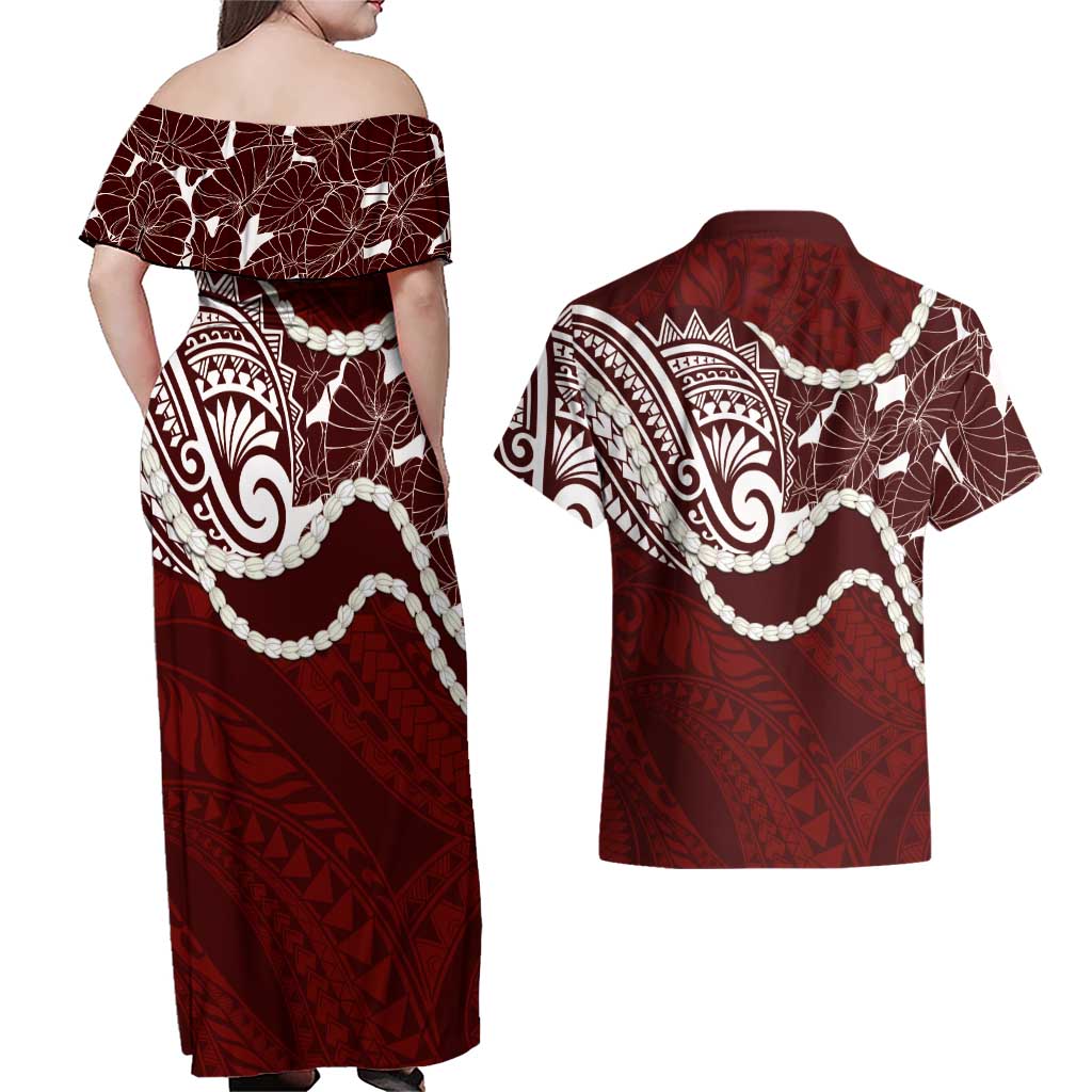 Aloha Hawaii Kalo Pikake Lei Couples Matching Off Shoulder Maxi Dress and Hawaiian Shirt Chest Tattoo Oxblood Hawaiian Pattern