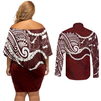 Aloha Hawaii Kalo Pikake Lei Couples Matching Off Shoulder Short Dress and Long Sleeve Button Shirt Chest Tattoo Oxblood Hawaiian Pattern