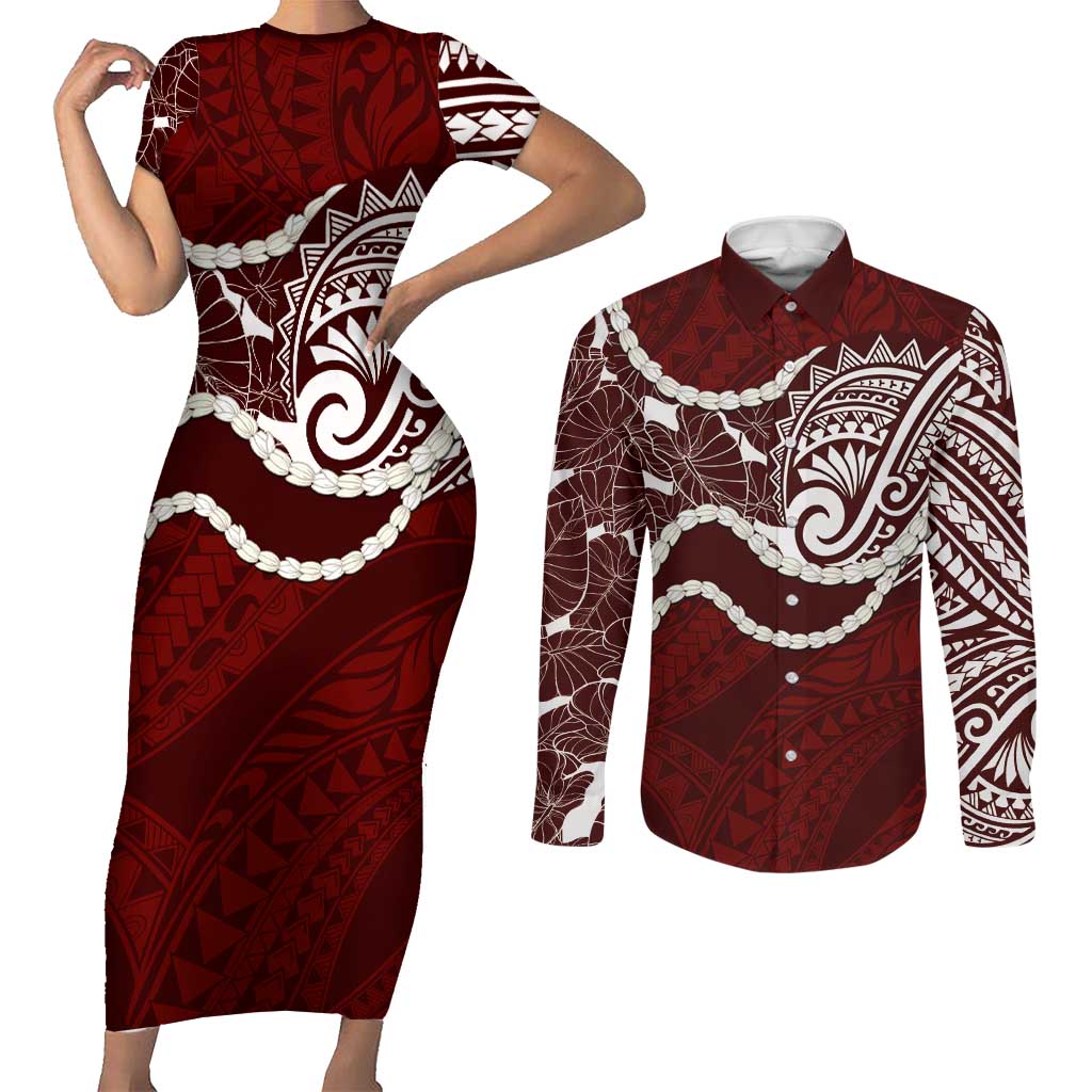 Aloha Hawaii Kalo Pikake Lei Couples Matching Short Sleeve Bodycon Dress and Long Sleeve Button Shirt Chest Tattoo Oxblood Hawaiian Pattern LT14 Oxblood - Polynesian Pride