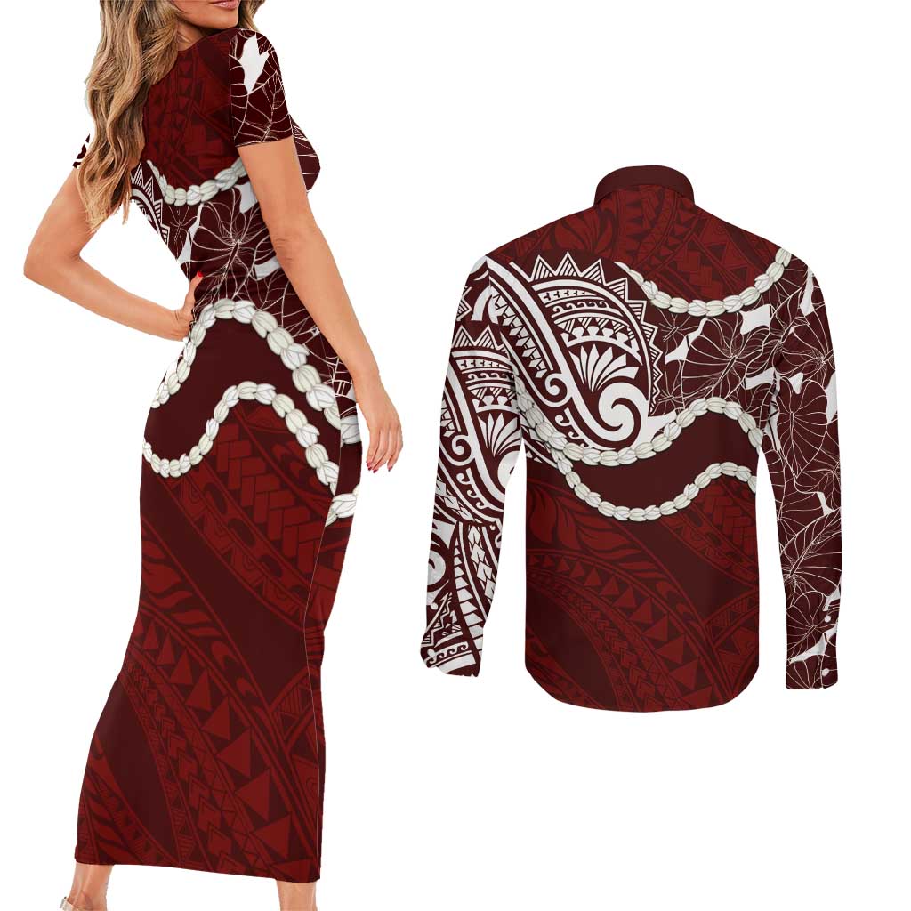 Aloha Hawaii Kalo Pikake Lei Couples Matching Short Sleeve Bodycon Dress and Long Sleeve Button Shirt Chest Tattoo Oxblood Hawaiian Pattern LT14 - Polynesian Pride