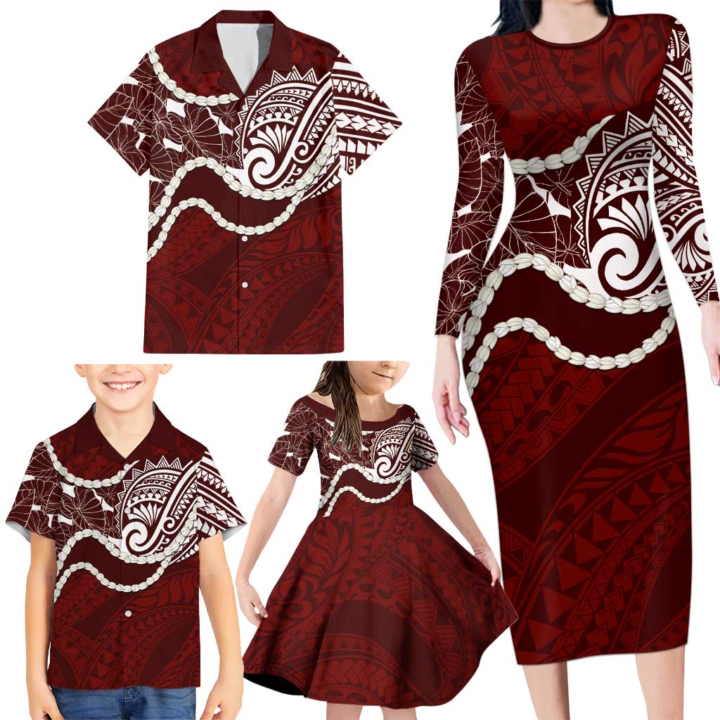 Aloha Hawaii Kalo Pikake Lei Family Matching Long Sleeve Bodycon Dress and Hawaiian Shirt Chest Tattoo Oxblood Hawaiian Pattern