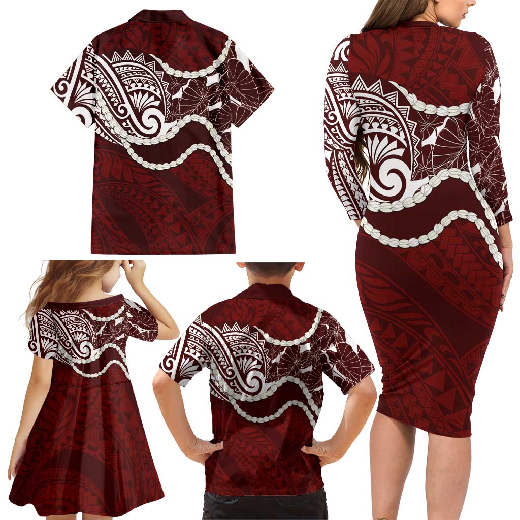 Aloha Hawaii Kalo Pikake Lei Family Matching Long Sleeve Bodycon Dress and Hawaiian Shirt Chest Tattoo Oxblood Hawaiian Pattern