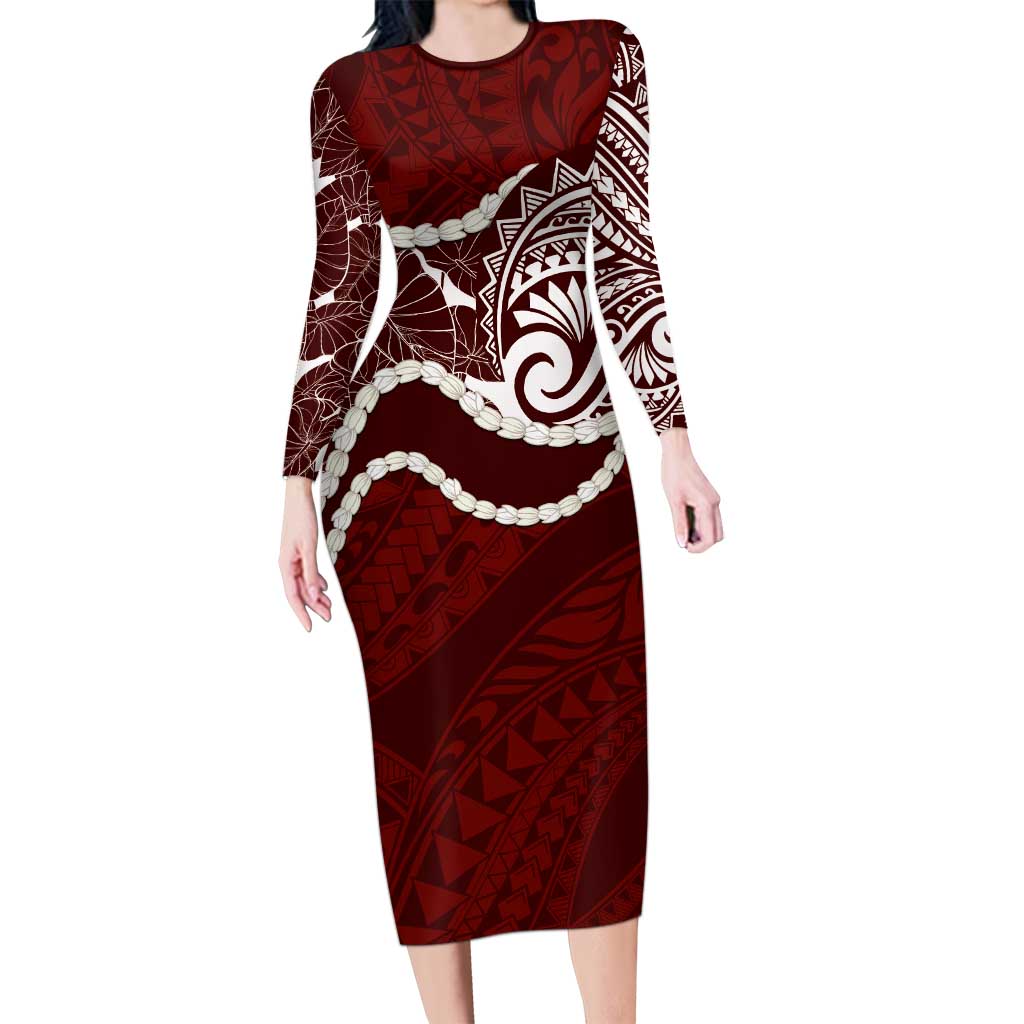 Aloha Hawaii Kalo Pikake Lei Family Matching Long Sleeve Bodycon Dress and Hawaiian Shirt Chest Tattoo Oxblood Hawaiian Pattern