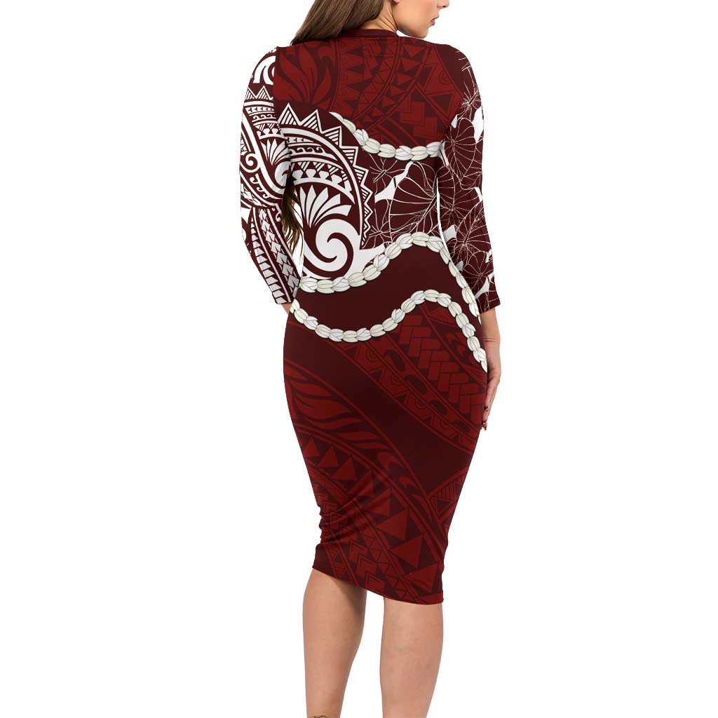 Aloha Hawaii Kalo Pikake Lei Family Matching Long Sleeve Bodycon Dress and Hawaiian Shirt Chest Tattoo Oxblood Hawaiian Pattern