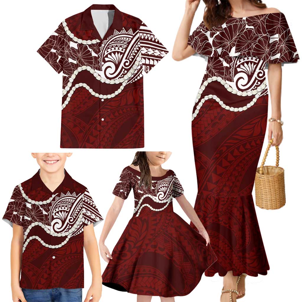 Aloha Hawaii Kalo Pikake Lei Family Matching Mermaid Dress and Hawaiian Shirt Chest Tattoo Oxblood Hawaiian Pattern