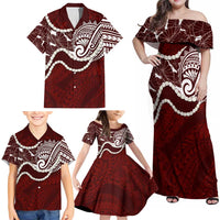Aloha Hawaii Kalo Pikake Lei Family Matching Off Shoulder Maxi Dress and Hawaiian Shirt Chest Tattoo Oxblood Hawaiian Pattern