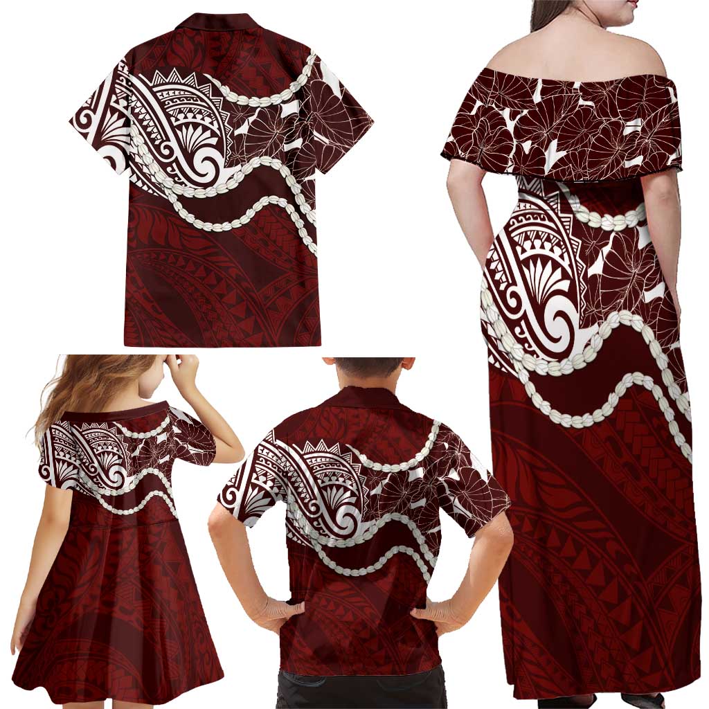 Aloha Hawaii Kalo Pikake Lei Family Matching Off Shoulder Maxi Dress and Hawaiian Shirt Chest Tattoo Oxblood Hawaiian Pattern