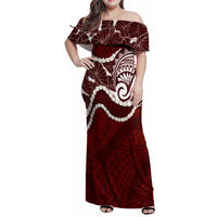 Aloha Hawaii Kalo Pikake Lei Family Matching Off Shoulder Maxi Dress and Hawaiian Shirt Chest Tattoo Oxblood Hawaiian Pattern