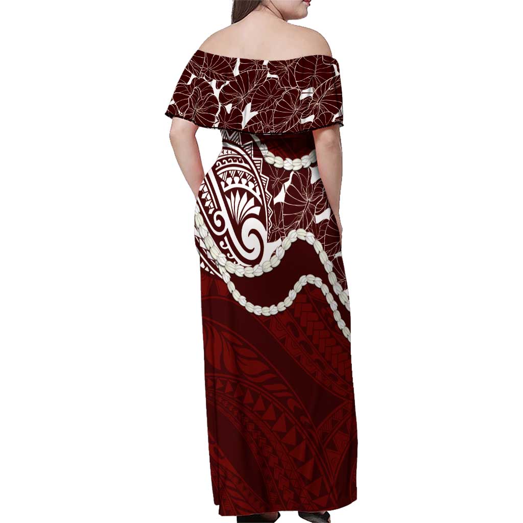 Aloha Hawaii Kalo Pikake Lei Family Matching Off Shoulder Maxi Dress and Hawaiian Shirt Chest Tattoo Oxblood Hawaiian Pattern