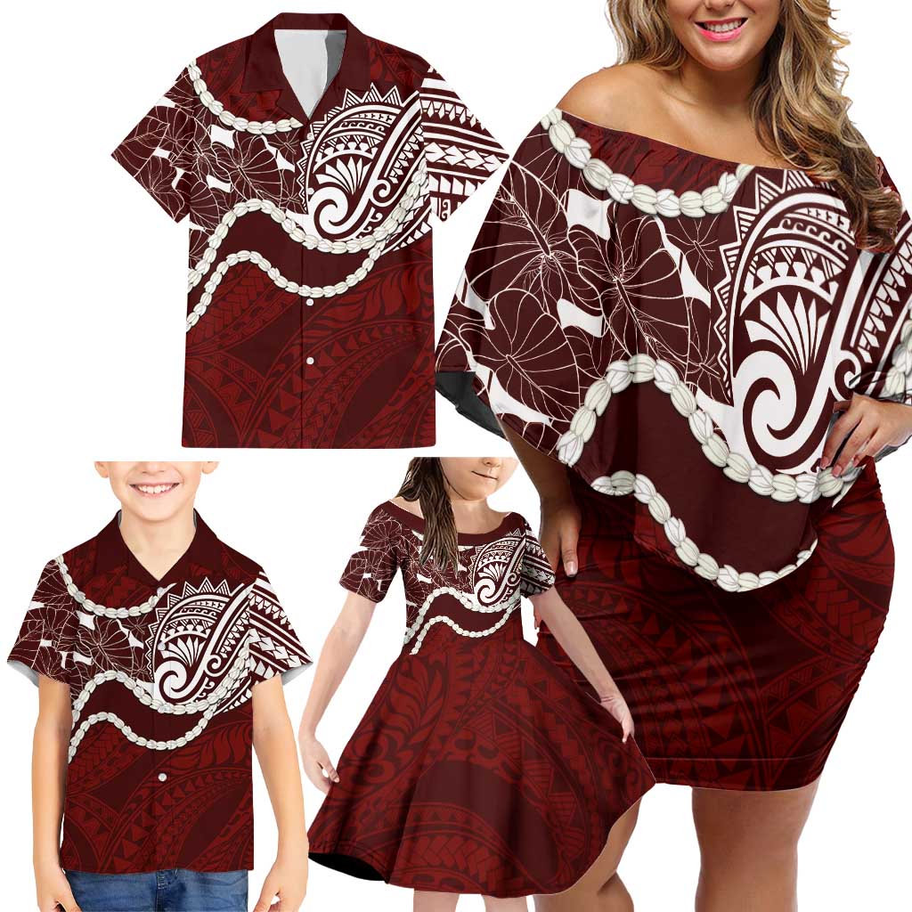 Aloha Hawaii Kalo Pikake Lei Family Matching Off Shoulder Short Dress and Hawaiian Shirt Chest Tattoo Oxblood Hawaiian Pattern