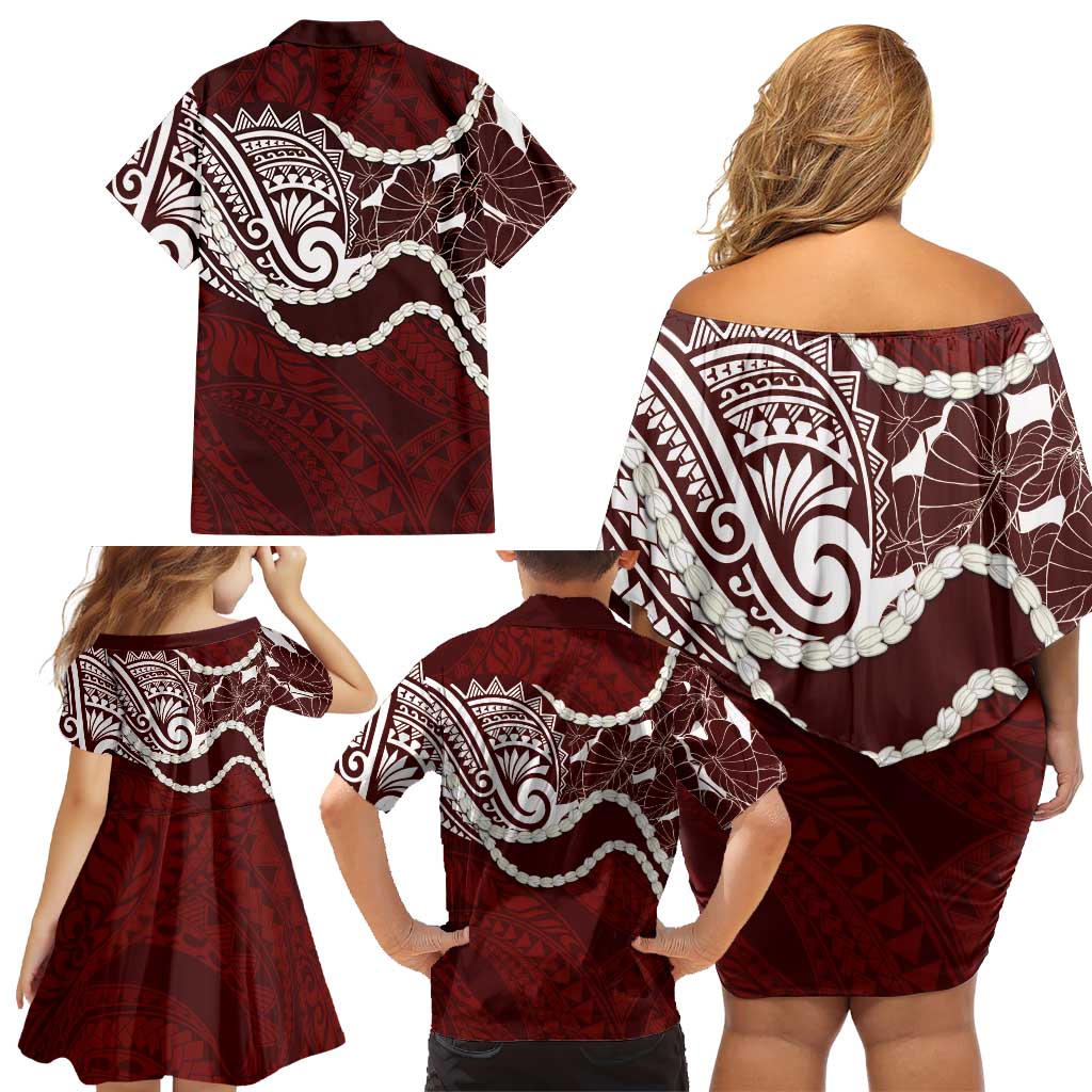 Aloha Hawaii Kalo Pikake Lei Family Matching Off Shoulder Short Dress and Hawaiian Shirt Chest Tattoo Oxblood Hawaiian Pattern