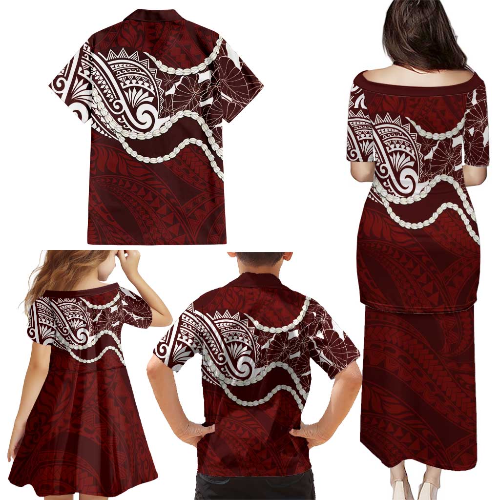 Aloha Hawaii Kalo Pikake Lei Family Matching Puletasi and Hawaiian Shirt Chest Tattoo Oxblood Hawaiian Pattern
