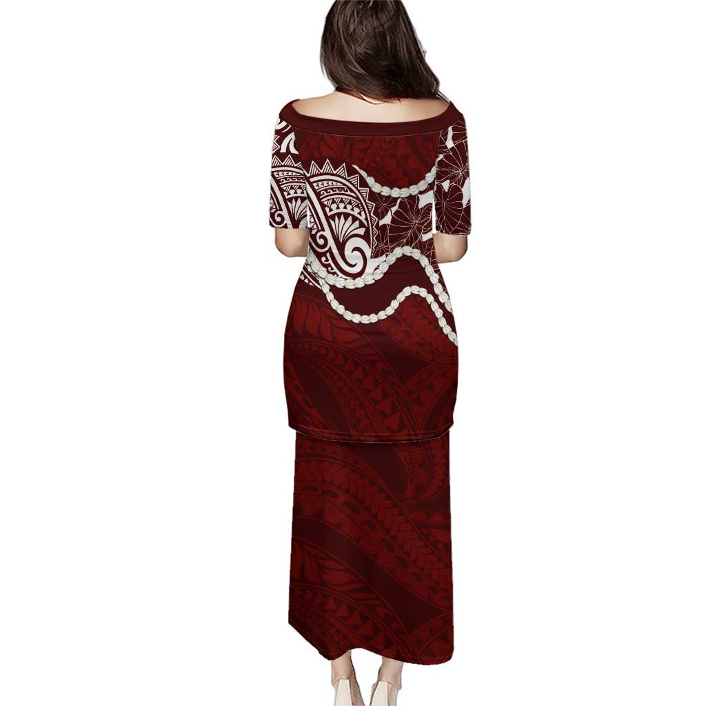 Aloha Hawaii Kalo Pikake Lei Family Matching Puletasi and Hawaiian Shirt Chest Tattoo Oxblood Hawaiian Pattern