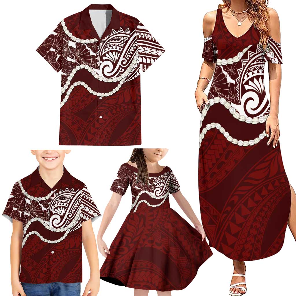 Aloha Hawaii Kalo Pikake Lei Family Matching Summer Maxi Dress and Hawaiian Shirt Chest Tattoo Oxblood Hawaiian Pattern