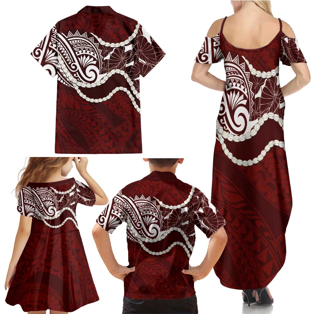 Aloha Hawaii Kalo Pikake Lei Family Matching Summer Maxi Dress and Hawaiian Shirt Chest Tattoo Oxblood Hawaiian Pattern