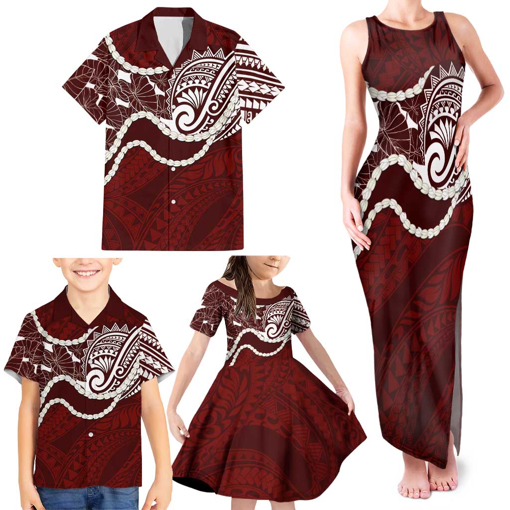 Aloha Hawaii Kalo Pikake Lei Family Matching Tank Maxi Dress and Hawaiian Shirt Chest Tattoo Oxblood Hawaiian Pattern