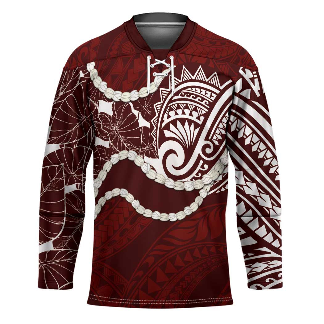 Aloha Hawaii Kalo Pikake Lei Hockey Jersey Chest Tattoo Oxblood Hawaiian Pattern LT14 Unisex Oxblood - Polynesian Pride