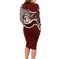 Aloha Hawaii Kalo Pikake Lei Long Sleeve Bodycon Dress Chest Tattoo Oxblood Hawaiian Pattern