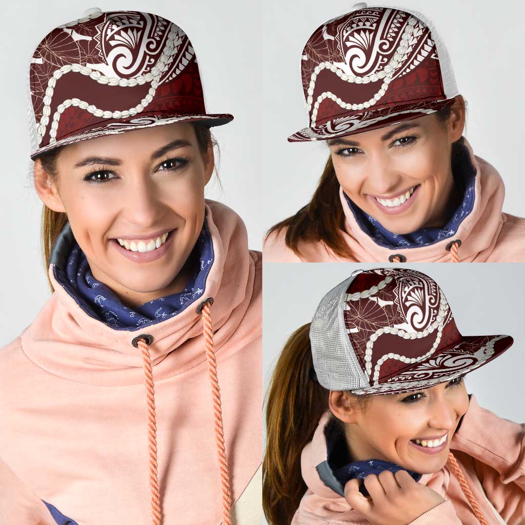 Aloha Hawaii Kalo Pikake Lei Mesh Trucker Cap Chest Tattoo Oxblood Hawaiian Pattern