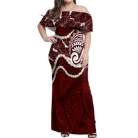 Aloha Hawaii Kalo Pikake Lei Off Shoulder Maxi Dress Chest Tattoo Oxblood Hawaiian Pattern LT14 Women Oxblood - Polynesian Pride