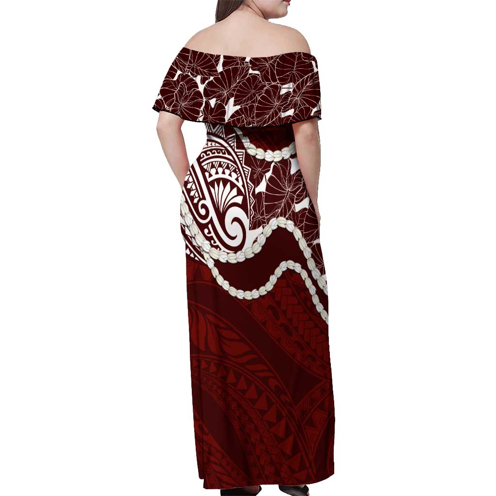 Aloha Hawaii Kalo Pikake Lei Off Shoulder Maxi Dress Chest Tattoo Oxblood Hawaiian Pattern LT14 - Polynesian Pride