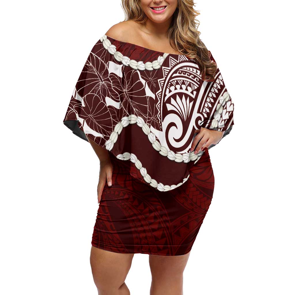 Aloha Hawaii Kalo Pikake Lei Off Shoulder Short Dress Chest Tattoo Oxblood Hawaiian Pattern LT14 Women Oxblood - Polynesian Pride