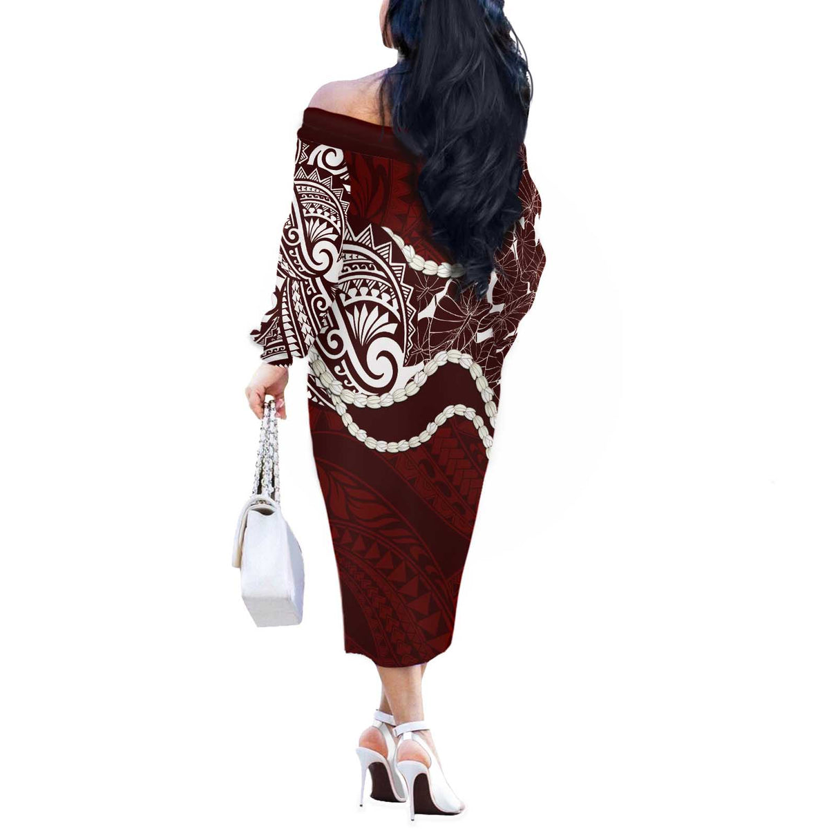 Aloha Hawaii Kalo Pikake Lei Off The Shoulder Long Sleeve Dress Chest Tattoo Oxblood Hawaiian Pattern