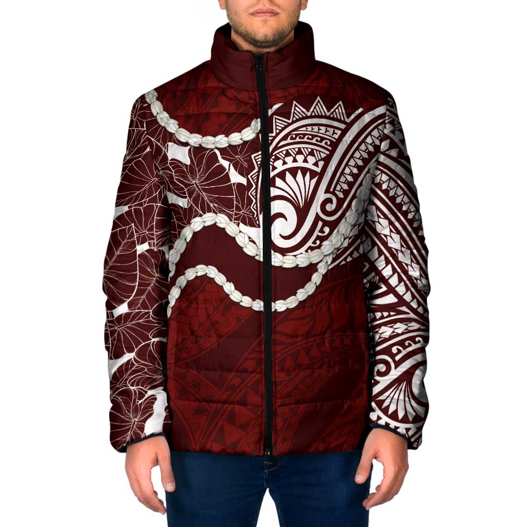 Aloha Hawaii Kalo Pikake Lei Padded Jacket Chest Tattoo Oxblood Hawaiian Pattern