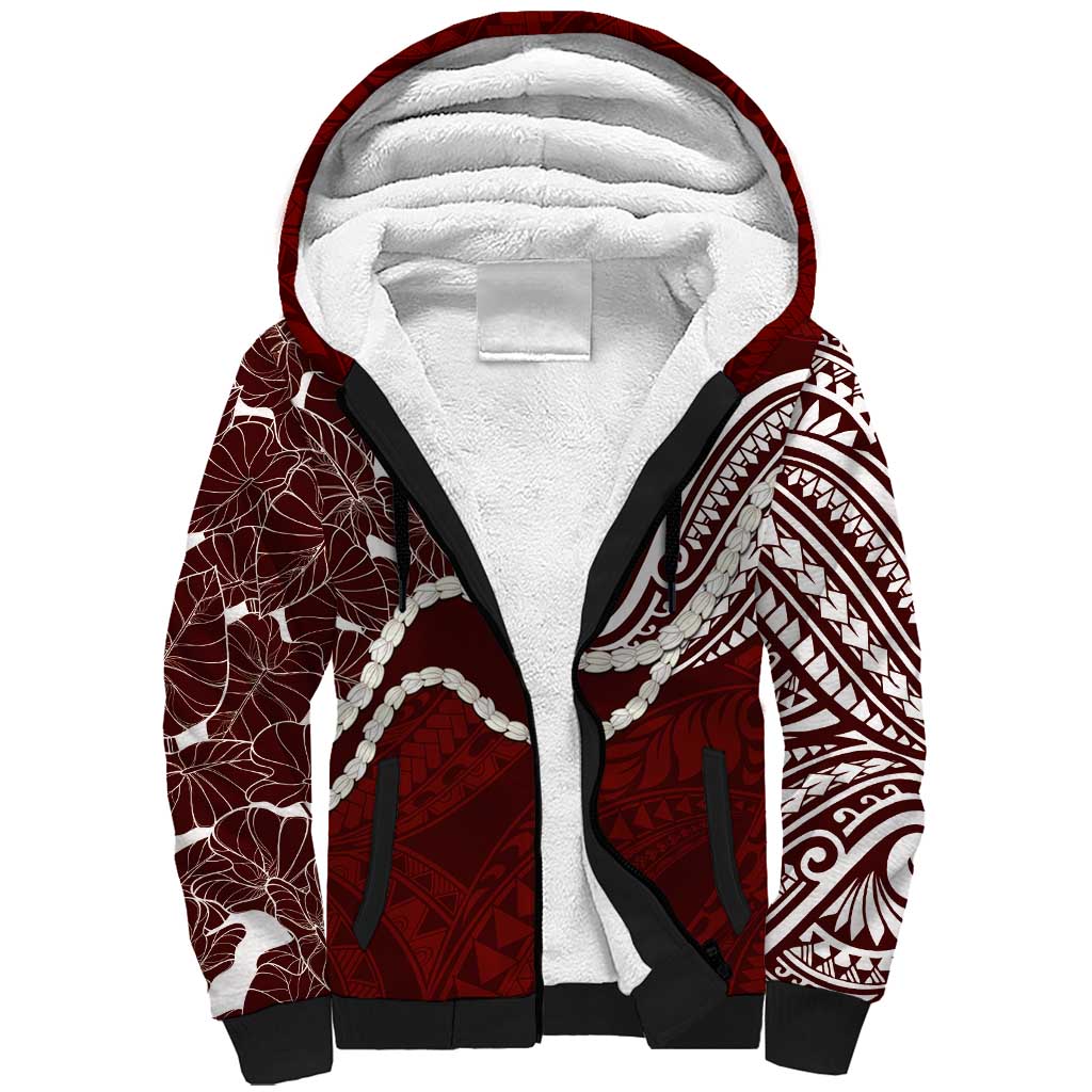 Aloha Hawaii Kalo Pikake Lei Sherpa Hoodie Chest Tattoo Oxblood Hawaiian Pattern