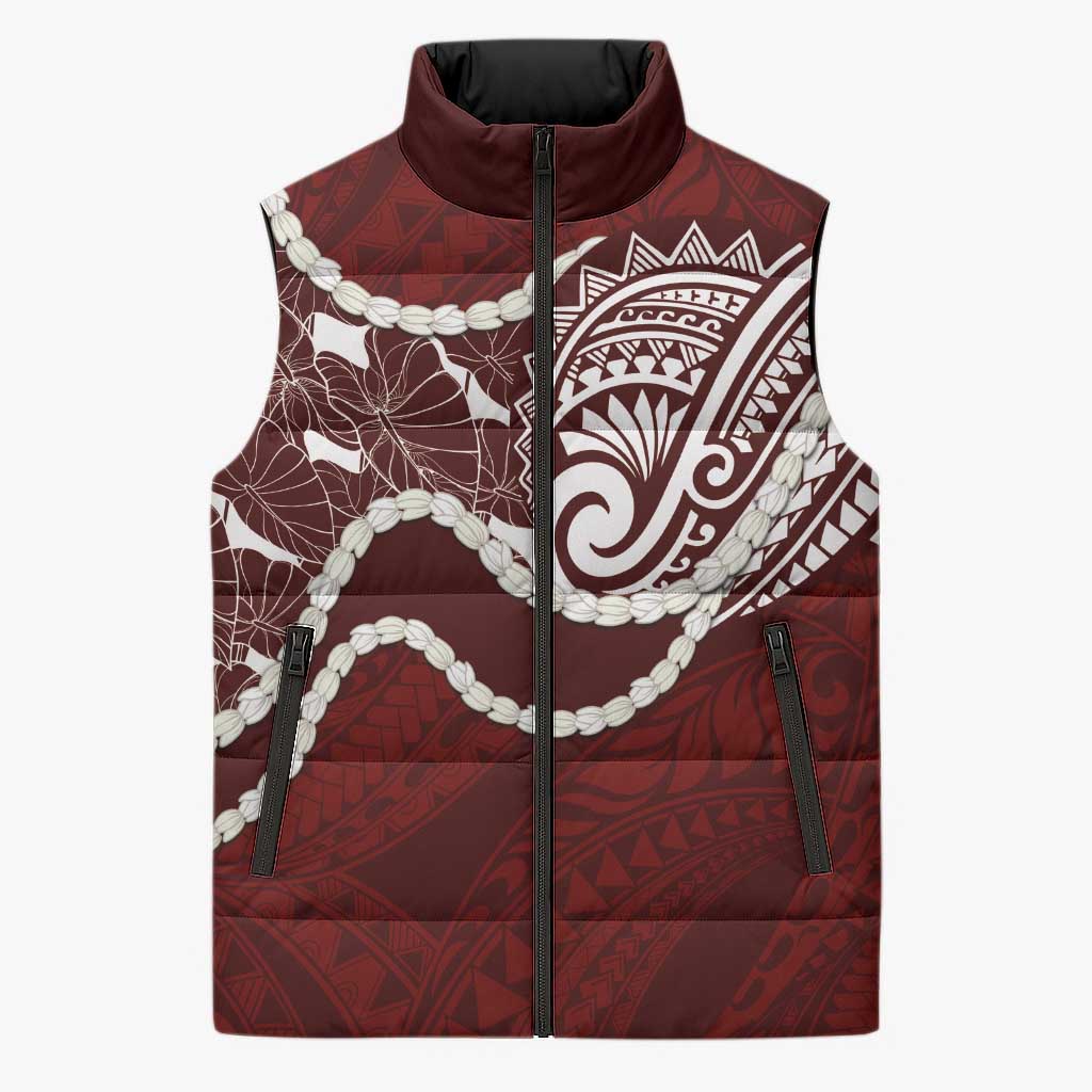 Aloha Hawaii Kalo Pikake Lei Sleeveless Puffer Jacket Chest Tattoo Oxblood Hawaiian Pattern