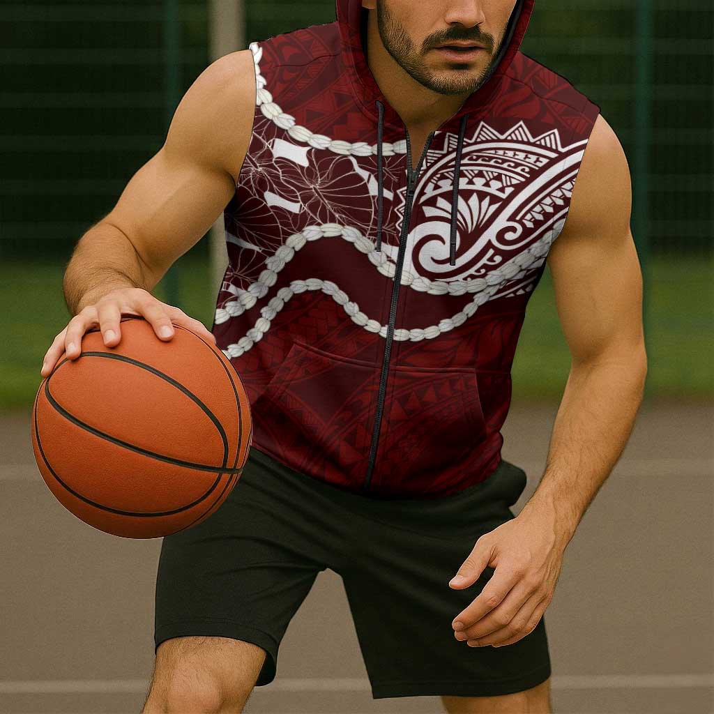 Aloha Hawaii Kalo Pikake Lei Sleeveless Zip Hoodie Chest Tattoo Oxblood Hawaiian Pattern