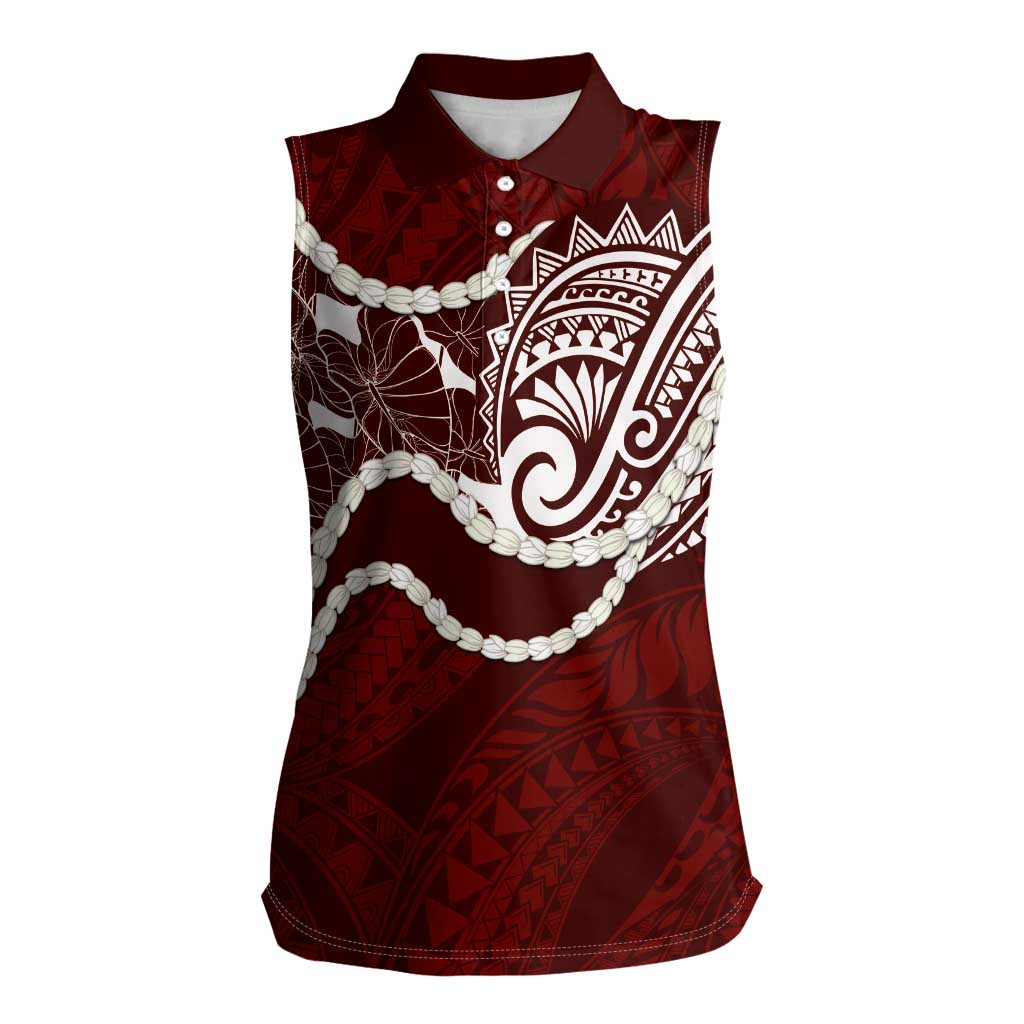 Aloha Hawaii Kalo Pikake Lei Women Sleeveless Polo Shirt Chest Tattoo Oxblood Hawaiian Pattern