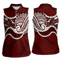 Aloha Hawaii Kalo Pikake Lei Women Sleeveless Polo Shirt Chest Tattoo Oxblood Hawaiian Pattern