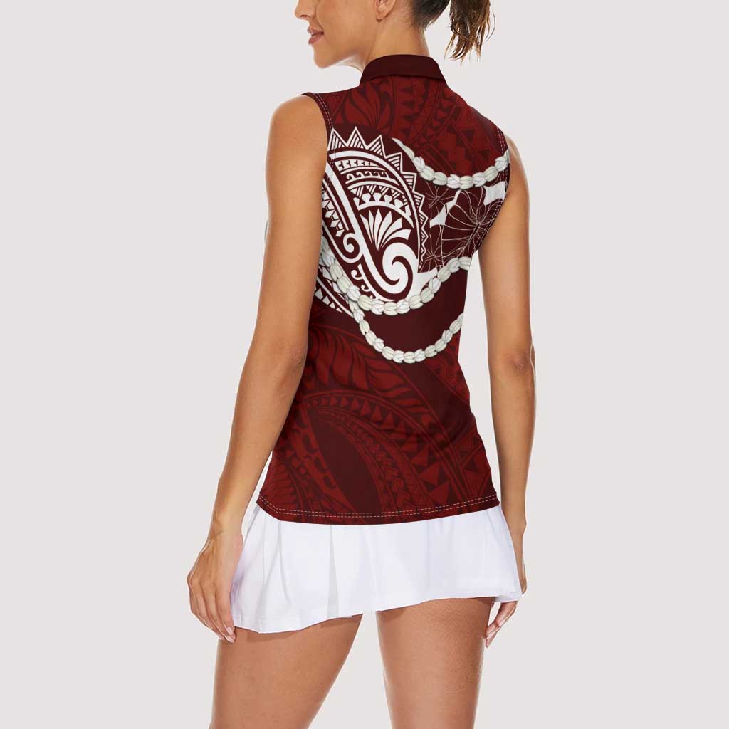 Aloha Hawaii Kalo Pikake Lei Women Sleeveless Polo Shirt Chest Tattoo Oxblood Hawaiian Pattern