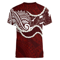 Aloha Hawaii Kalo Pikake Lei Women V-Neck T-Shirt Chest Tattoo Oxblood Hawaiian Pattern