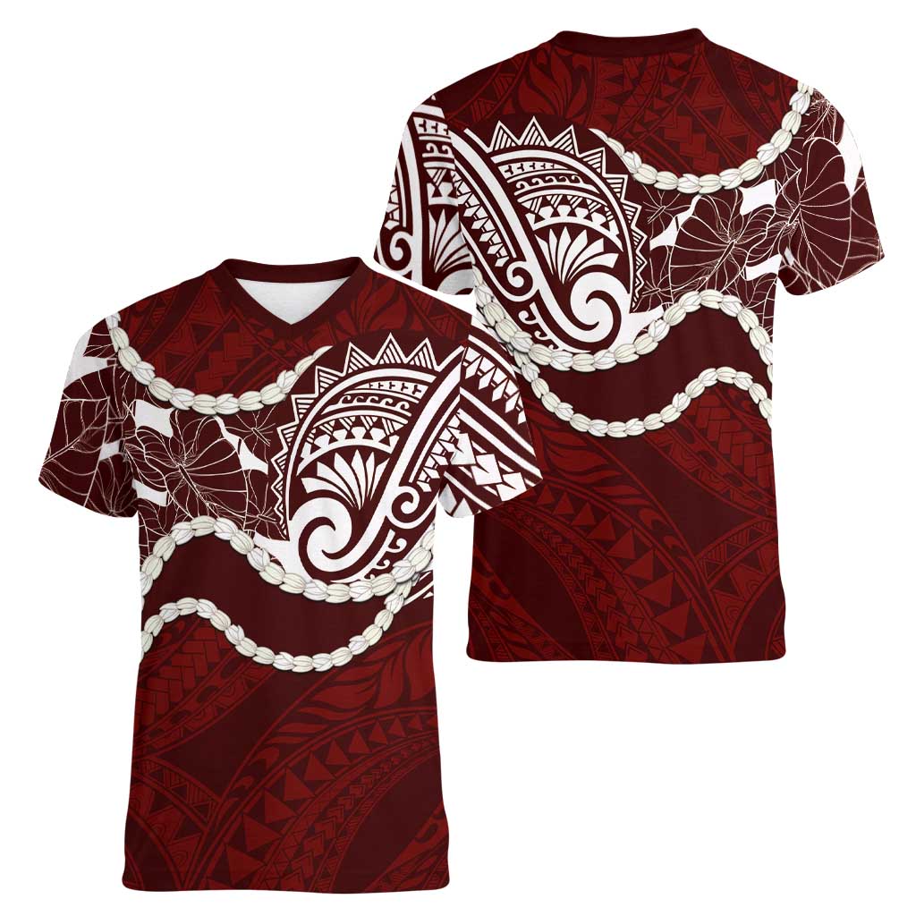 Aloha Hawaii Kalo Pikake Lei Women V-Neck T-Shirt Chest Tattoo Oxblood Hawaiian Pattern