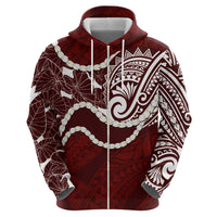 Aloha Hawaii Kalo Pikake Lei Zip Hoodie Chest Tattoo Oxblood Hawaiian Pattern