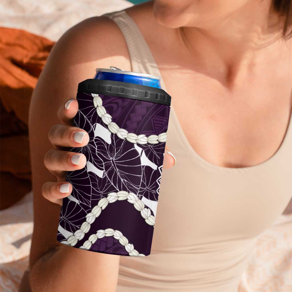 Aloha Hawaii Kalo Pikake Lei 4 in 1 Can Cooler Tumbler Chest Tattoo Purple Hawaiian Pattern