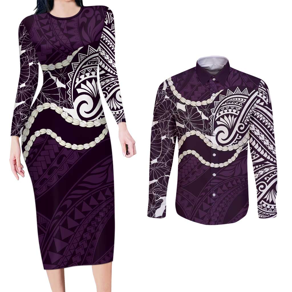 Aloha Hawaii Kalo Pikake Lei Couples Matching Long Sleeve Bodycon Dress and Long Sleeve Button Shirt Chest Tattoo Purple Hawaiian Pattern