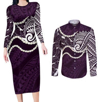 Aloha Hawaii Kalo Pikake Lei Couples Matching Long Sleeve Bodycon Dress and Long Sleeve Button Shirt Chest Tattoo Purple Hawaiian Pattern