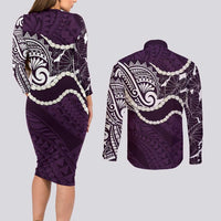 Aloha Hawaii Kalo Pikake Lei Couples Matching Long Sleeve Bodycon Dress and Long Sleeve Button Shirt Chest Tattoo Purple Hawaiian Pattern